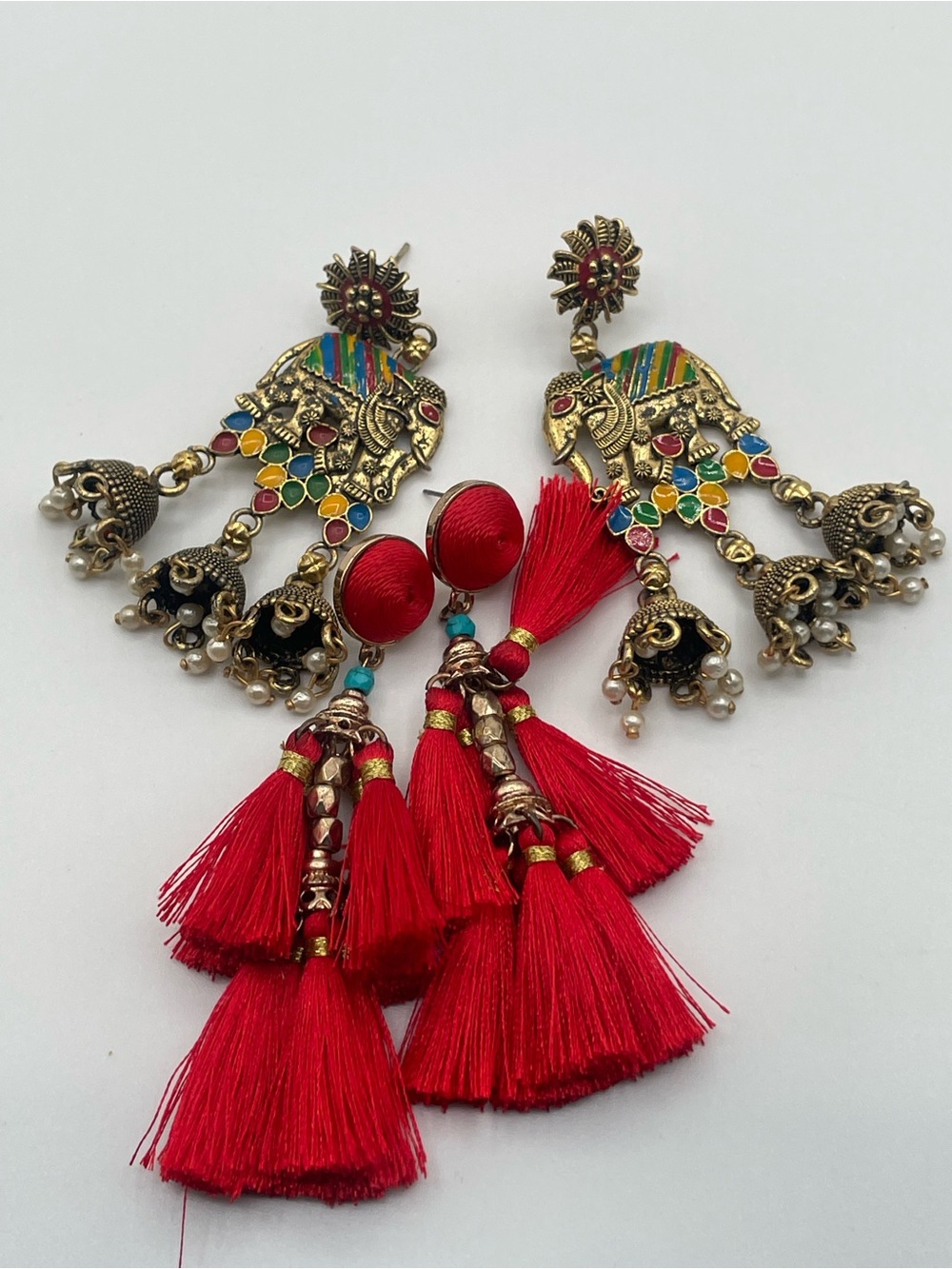 Traditional Elephant-Shaped Jhumka Earrings and Red Tassel Drop Earrings - lot